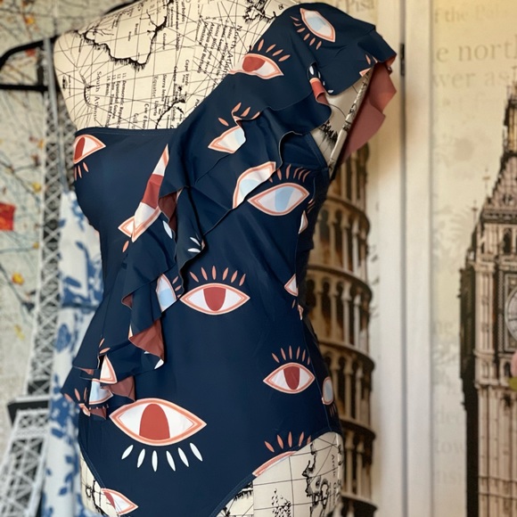 Turkish Evil Eye Ruffle One Piece Bikini Swimsuit, Matching Wrap Sold Separately - Picture 4 of 4